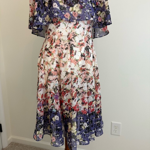 Floral Chiffon Fit & Flare Dress Size 8 Ruffle Sleeve Wedding Guest Formal - Picture 3 of 13